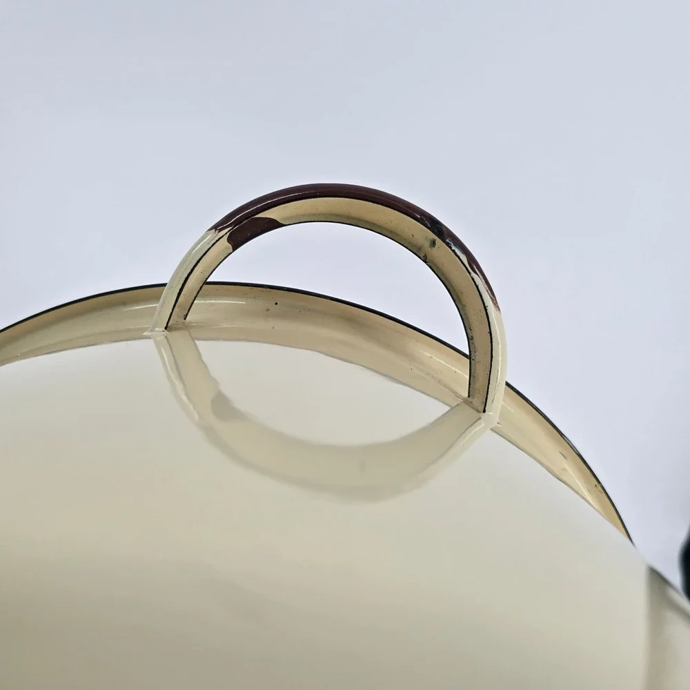 Vintage Enamelware Stock Pot Cream Brown Enamel Large Soup Pot with Lid 10.5in‎